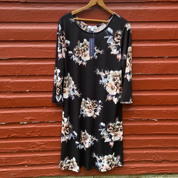 NWT DownEast Black Floral Flower Power Dress Women's Size L - Picture 2 of 7